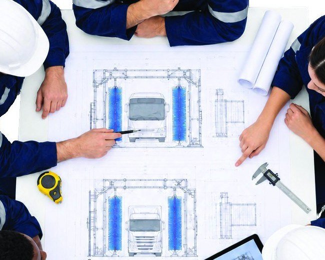 Technical engineering drawing for a wash-bay installation