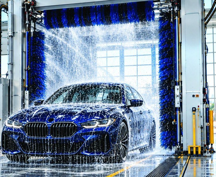 Commercial rollover wash system cleaning a vehicle