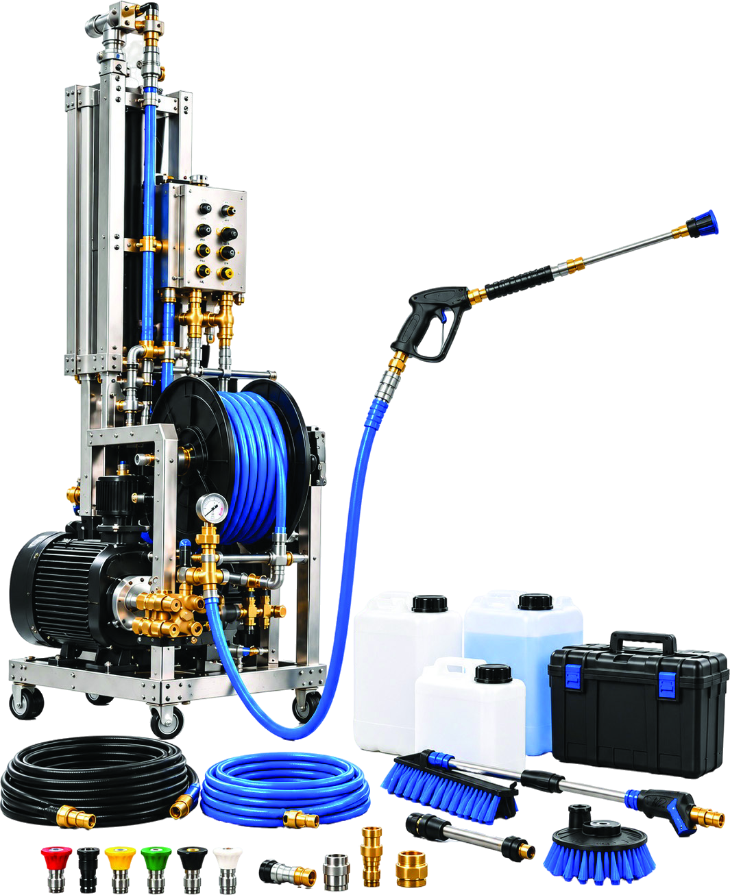 Commercial pressure-wash unit with hoses, chemicals and workshop accessories