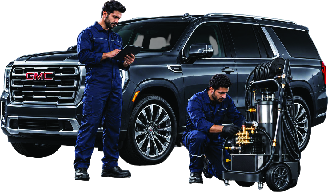 Neospec technicians inspecting a vehicle and wash equipment on site