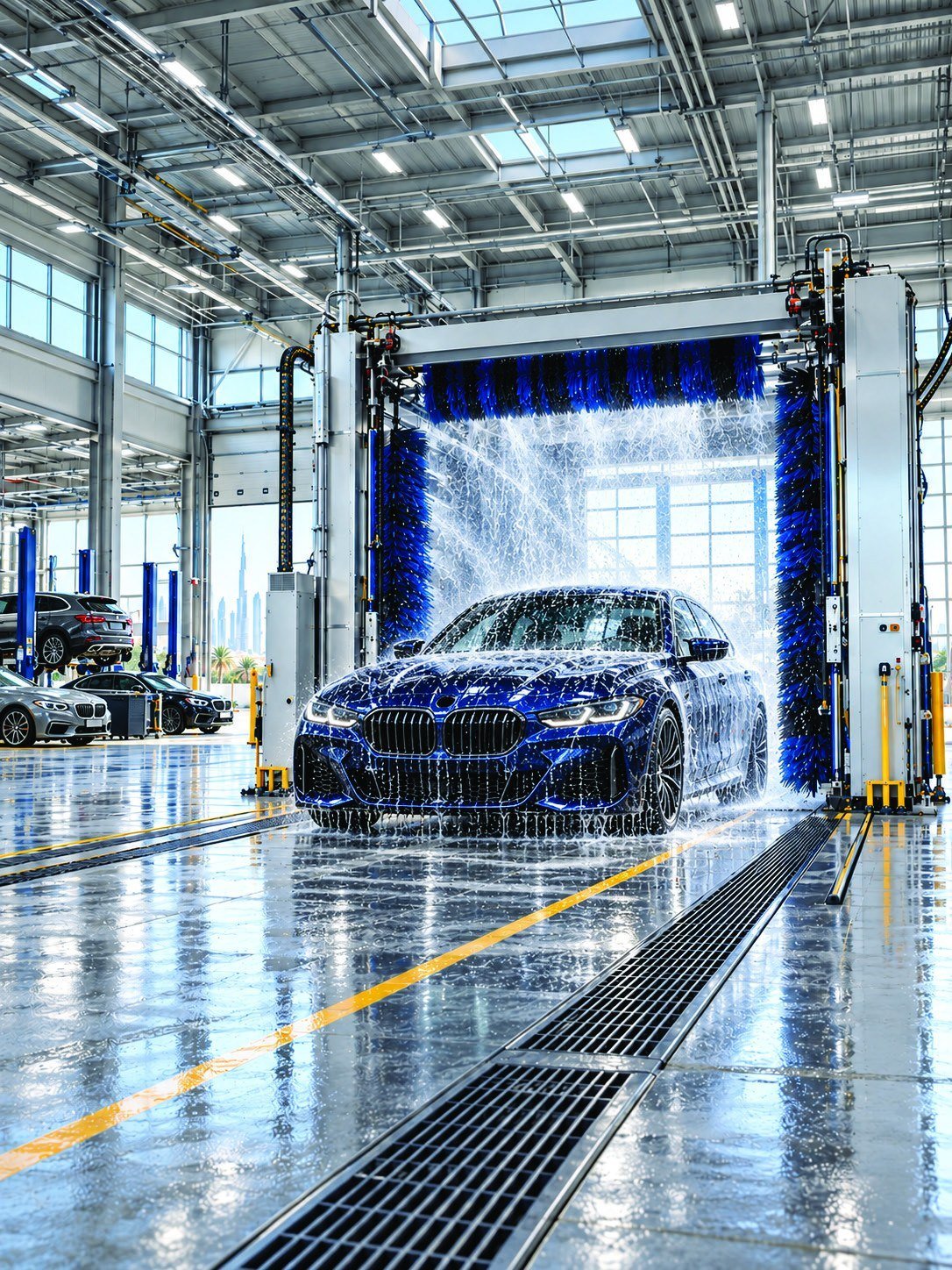 Commercial rollover vehicle wash system in operation at a Neospec-equipped wash bay