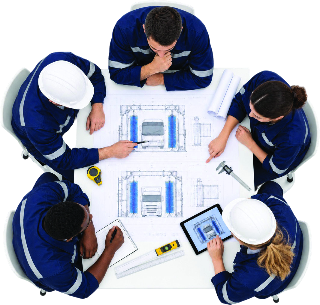 Neospec technical team reviewing wash-bay engineering plans