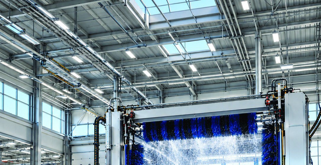 Overhead structure and services of a completed wash bay